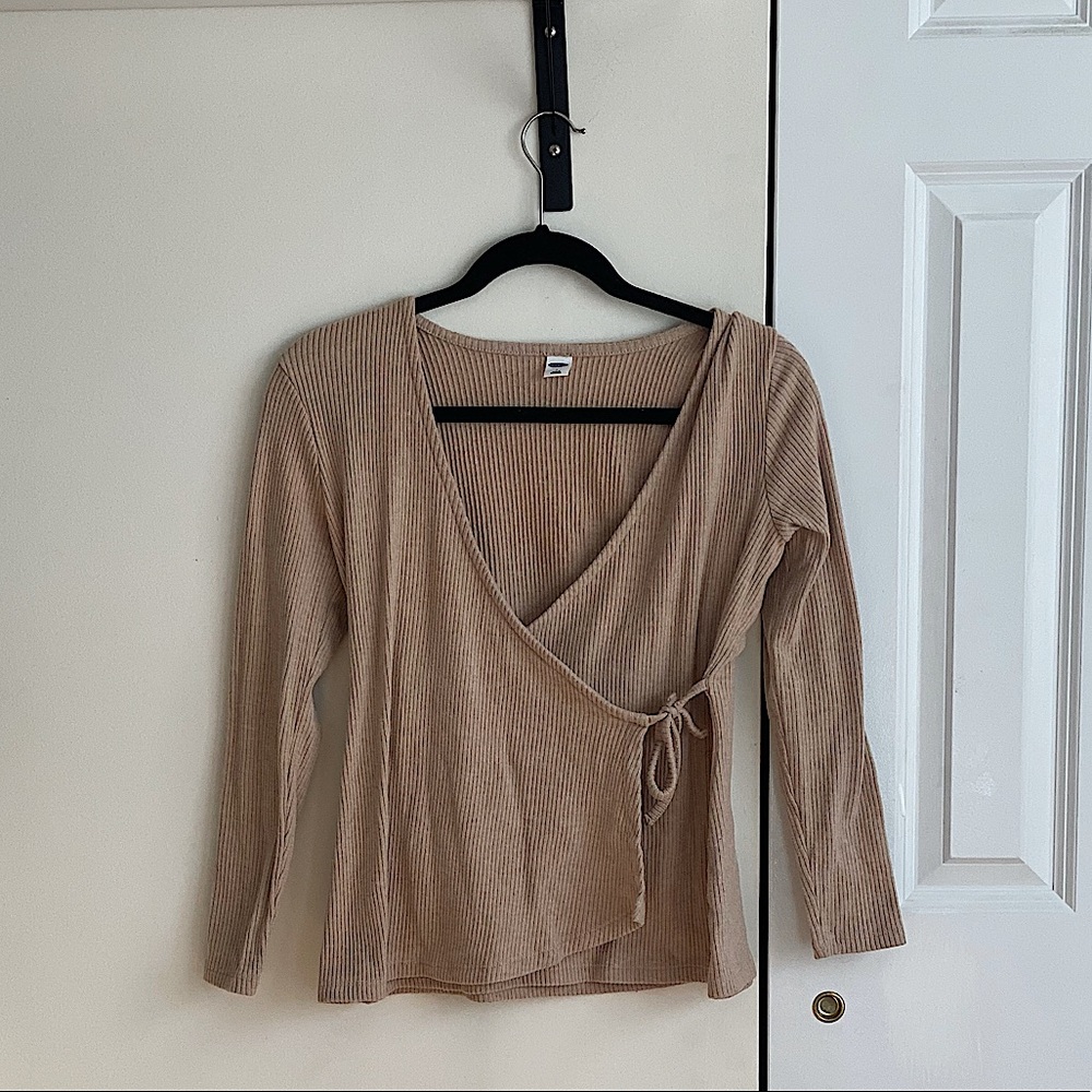 Tan Long Sleeve Ribbed Wrapped Blouse